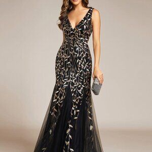 Women's Double V-Neck Fishtail Sequin Evening Dress